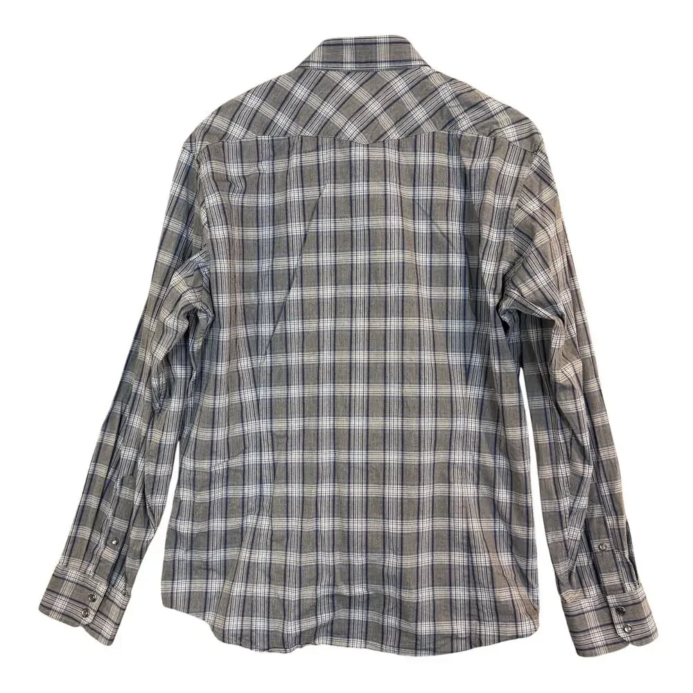 Banana Republic Slim Fit Blue Gray Plaid Check Western Shirt Peral Snap L Large